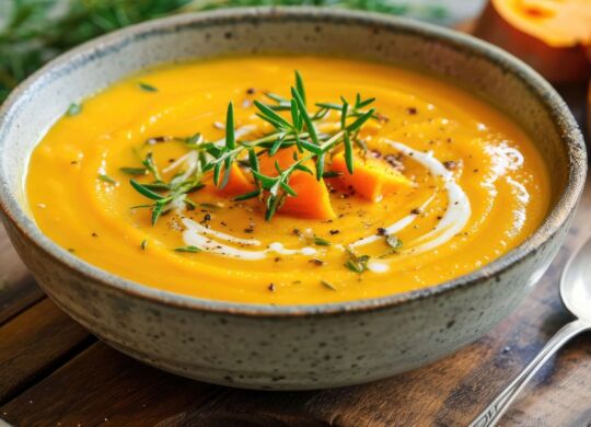 Wer sich ein paar Stücke Süßkartoffeln vor dem Pürieren rettet, hat noch eine Einlage in diese herbstliche Suppe.